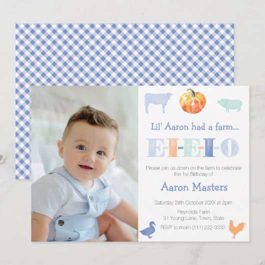 オールドマクドナルドのパンプキンファーム男子誕生日パーティー 招待状 (正面/裏面)