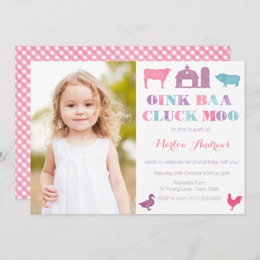オールドマクドナルドの農場の動物パーティーカードの絵 招待状 (正面/裏面)