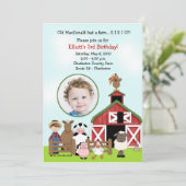 オールドマクドナルドエイエイオファーム納屋周囲の庭誕生日写真 招待状 (スタンド正面)