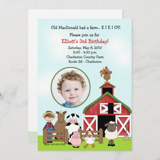 オールドマクドナルドエイエイオファーム納屋周囲の庭誕生日写真 招待状 (正面/裏面)