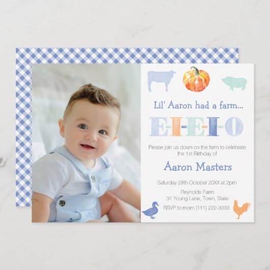 オールドマクドナルド・パンプキンファーム誕生日パーティー少年のために 招待状 (正面/裏面)