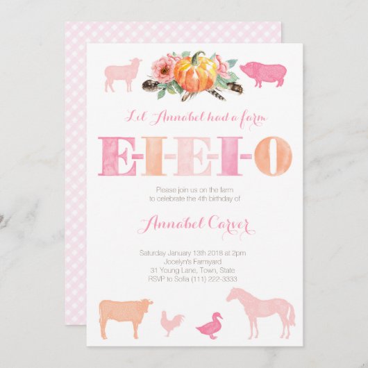 オールドマクドナルドEIEIOファーム誕生日パーティー 招待状 (正面/裏面)