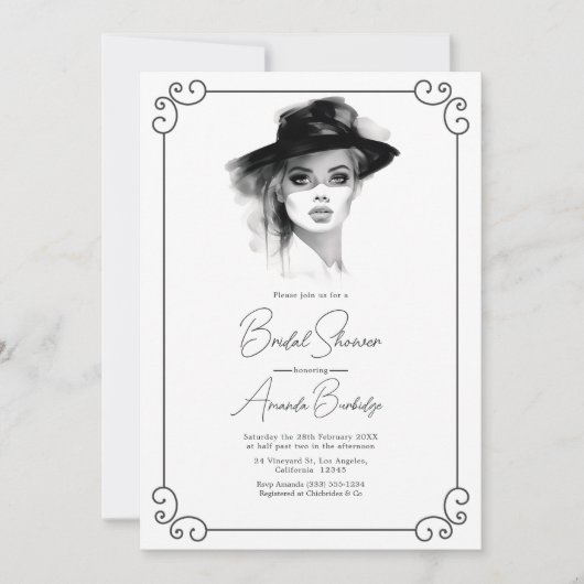 オールドマネーエステティックブラック&ホワイトブライダルシャワー 招待状 (正面)