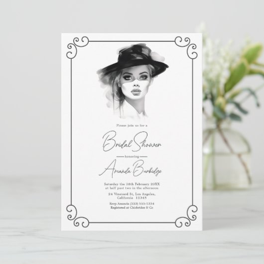 オールドマネーエステティックブラック&ホワイトブライダルシャワー 招待状 (スタンド正面)