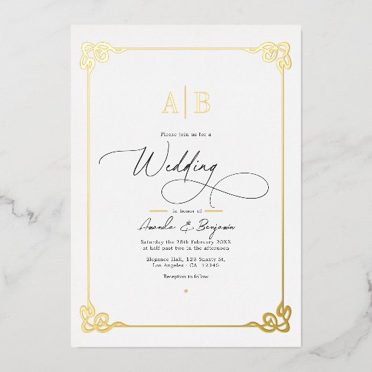 オールドマネーエステティック金ゴールドとアイボリー結婚ズ 箔招待状 (正面)
