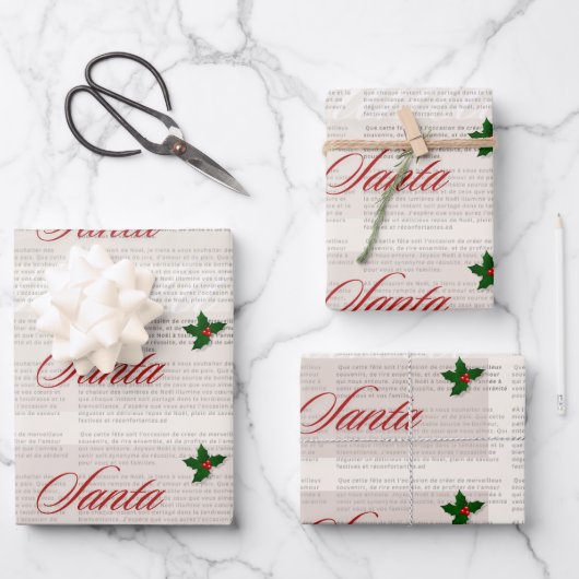 オールドマネーヴィンテージ新聞スタイルサンタ・クリスマス ラッピングペーパーシート (正面)
