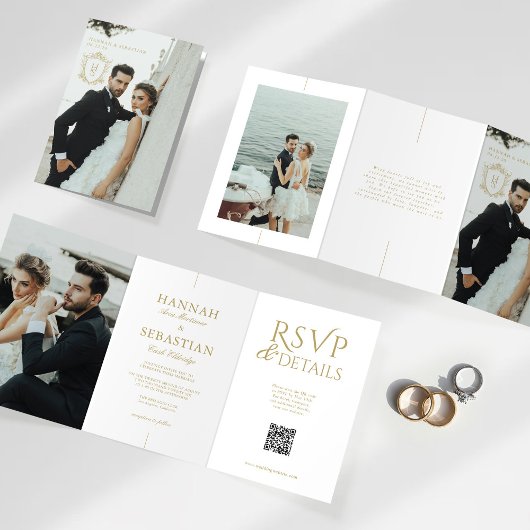 オールドマネーヴィンテージ結婚クレストトリフォールド招待状 三つ折りプログラム