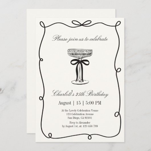 オールドマネー、手お洒落引き誕生日 招待状 (正面/裏面)