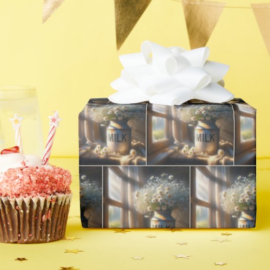 オールドミルク缶とデイジーブーケ ラッピングペーパー (誕生日パーティー)