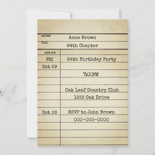 オールドライブラリカード94th誕生日パーティー 招待状 (正面)
