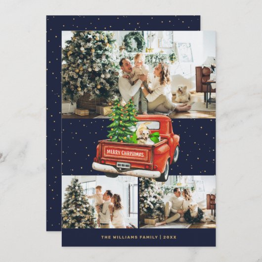 オールドレッドトラックラブラドール犬青写真クリスマス シーズンカード (正面/裏面)