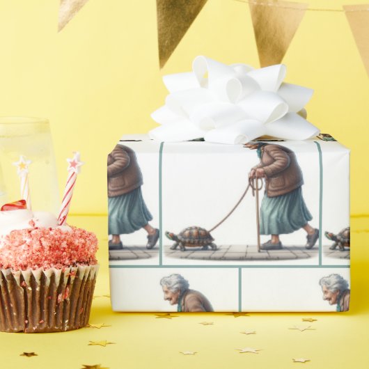 オールドレディ歩くアペットカメ ラッピングペーパー (誕生日パーティー)