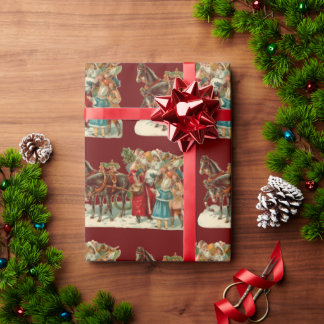 オールドワールドサンタヴィンテージクリスマスホリデースそり ラッピングペーパー