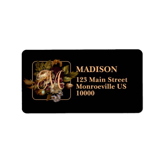 オールドワールドダークフローラブーケとモノグラム正方形 ラベル (正面)