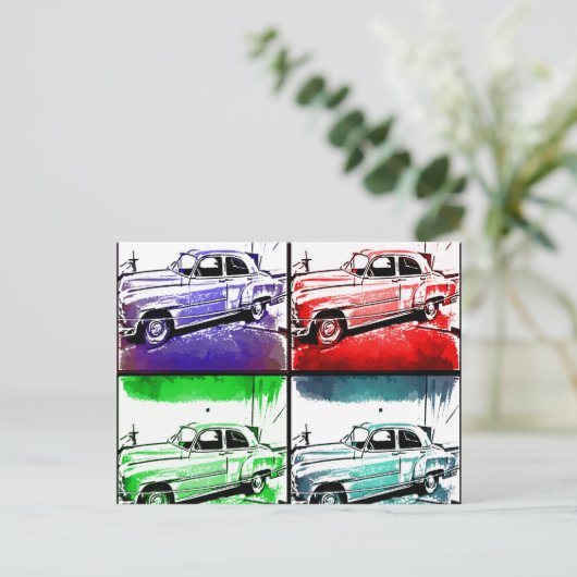 オールドヴィンテージカーウォーターカラーポップ・アートのアートプリント ポストカード (スタンド正面)