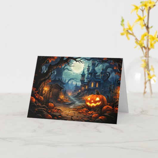 オールド幽霊のよく出るハウス – ハッピーハローウィン カード (黄色い花)