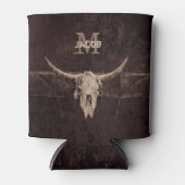 オールド素朴ウエスタンモノグラムブラウンベージュブルスカル 缶クーラー (正面)