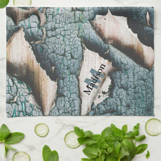 オールド素朴ブルーグリ絵を描ンウッドカスタムモノグラム キッチンタオル (折り畳み)