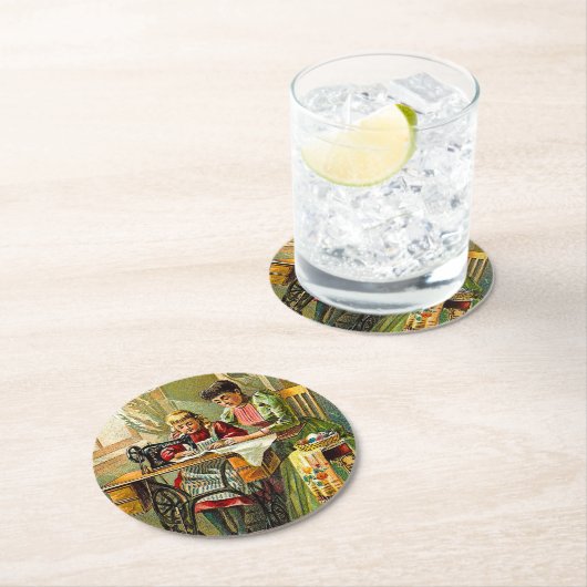 オールドTImeシンガー裁縫マシン母と娘 ラウンドペーパーコースター (インサイチュ)