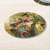 オールドTImeシンガー裁縫マシン母と娘 ラウンドペーパーコースター (アングル)