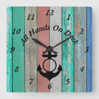 オールハンズオンデッキ – 航海のウッドプランク スクエア壁時計