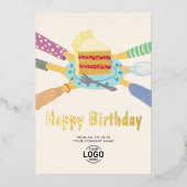 オールビジネスの誕生日おめでとう かわいいケーキ 箔招待状 (正面)