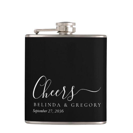 オールブラックの名入れ結婚祝いギフト Cheers フラスク (正面)