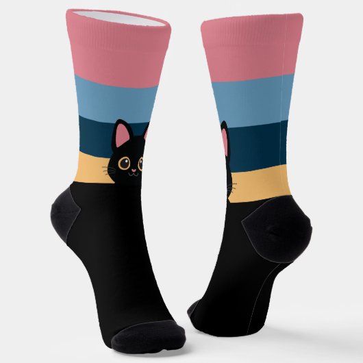 オールブラックの猫ソックス 名前と色をカスタマイズ ソックス (傾斜あり)