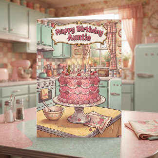オールマイティなおばさんの誕生日 | レトロピンクのケーキ カード