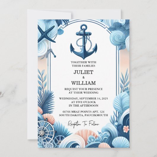 オールロープノットボートネイビーブルー航海の結婚ズ 招待状 (正面)