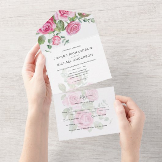 オール・インクルーシブ ピンクのバラのウェディング フラワーズ RSVP オールインワン招待状 (貼ってはがせる)