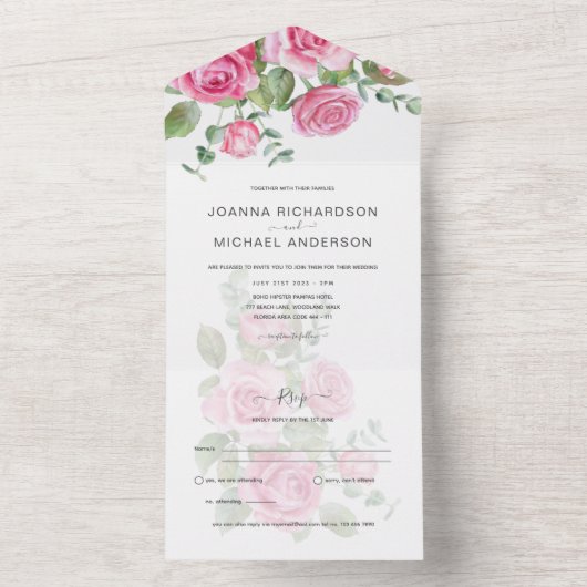 オール・インクルーシブ ピンクのバラのウェディング フラワーズ RSVP オールインワン招待状 (内側)