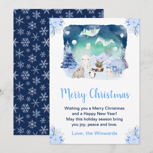 オーロラと北極の動物たちによるクリスマス シーズンカード (正面/裏面)