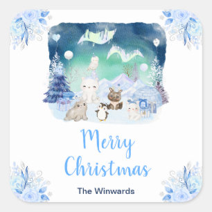 オーロラと北極の動物たちによるクリスマス スクエアシール