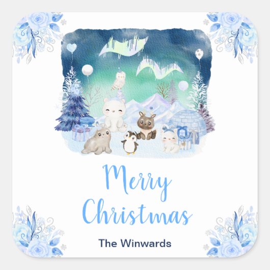 オーロラと北極の動物たちによるクリスマス スクエアシール (正面)