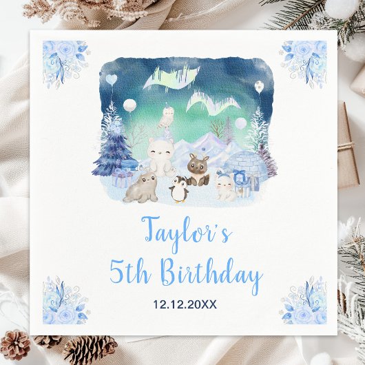 オーロラと北極の動物の誕生日 スタンダードカクテルナプキン