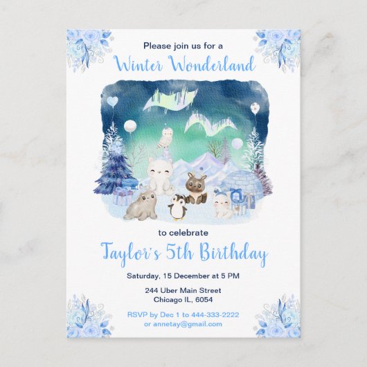 オーロラと北極の動物の誕生日 ポストカード (正面)