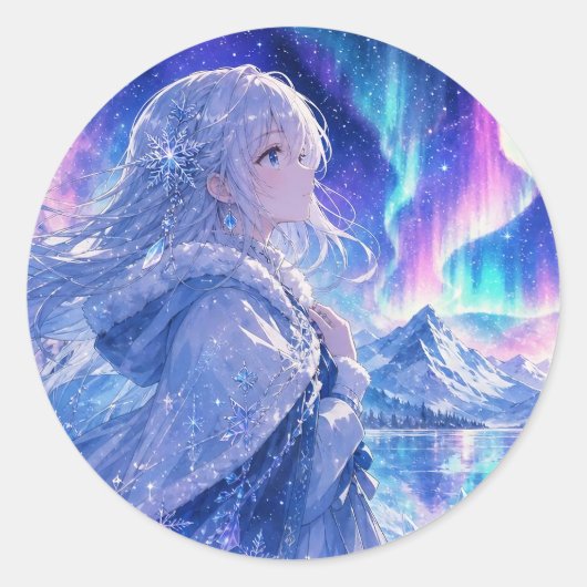 オーロラの冬の少女ステッカー ラウンドシール (正面)