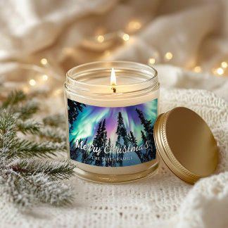 オーロラの冬の森のクリスマス 長方形シール