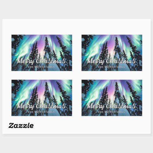 オーロラの冬の森のクリスマス 長方形シール (シート)
