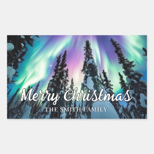 オーロラの冬の森のクリスマス 長方形シール (正面)