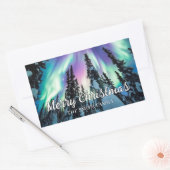 オーロラの冬の森のクリスマス 長方形シール (封筒)