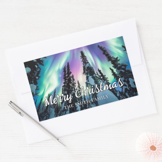 オーロラの冬の森のクリスマス 長方形シール (封筒)