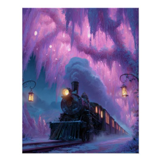オーロラの列車トンネル 紫色の幻想芸術 ポスター (正面)