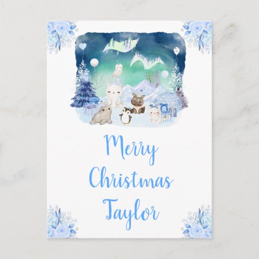 オーロラの北極の動物たち　クリスマスおめでとう シーズンポストカード (正面)