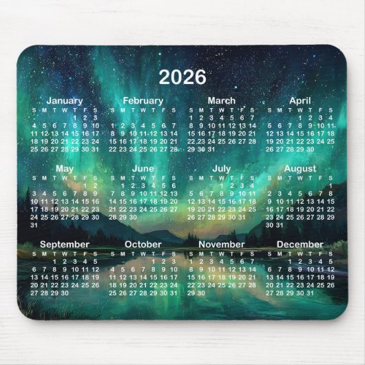 オーロラの夜空の風景 2026年カレンダー マウスパッド (正面)