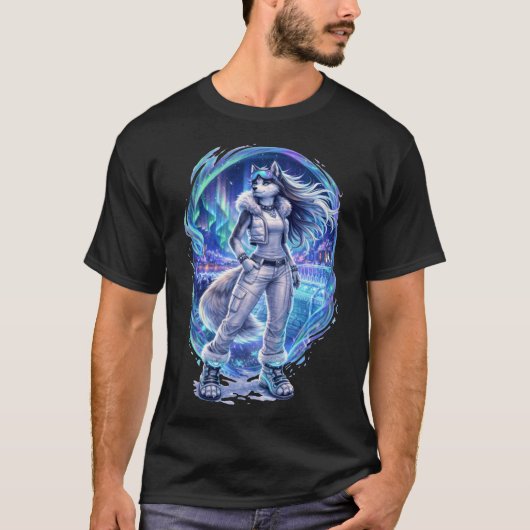 オーロラの夜 - ハスキー Tシャツ (正面)
