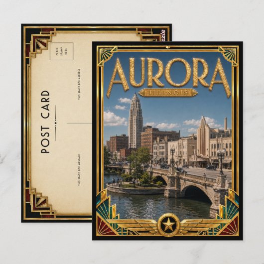 オーロライリノイ州アールデコ調の黄金時代のビンテージ風 ポストカード (正面/裏面)
