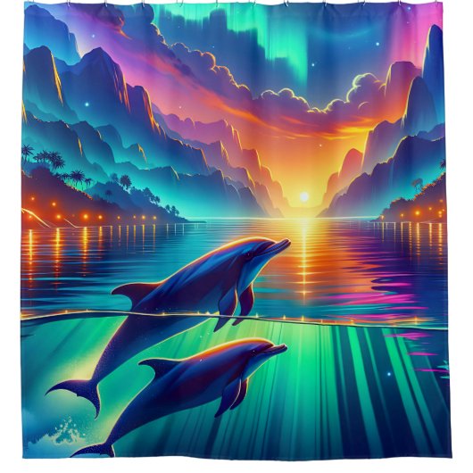 「オーロラドルフィンズダンス」 - 威厳のある Marine シャワーカーテン (正面)