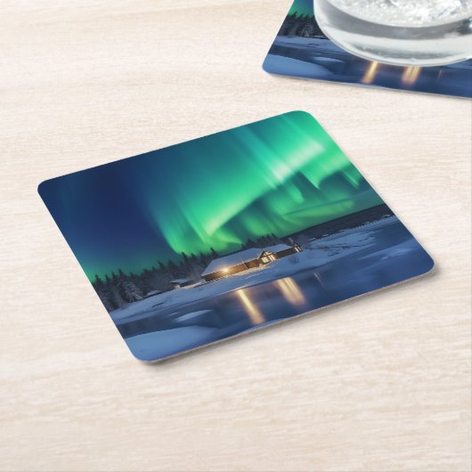 オーロラボレアの冬のキャビン スクエアペーパーコースター (アングル)